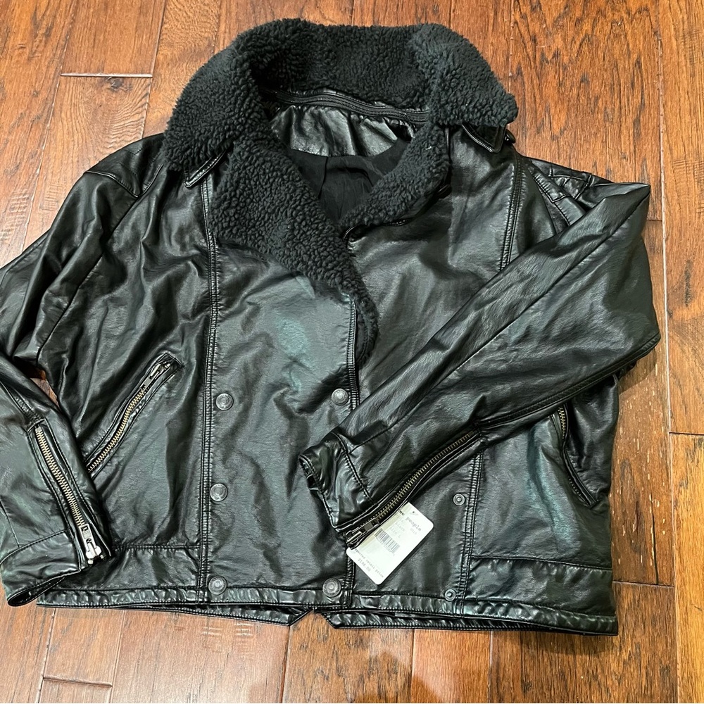 Free People Black Faux Leather Jacket with removable Shearling Collar